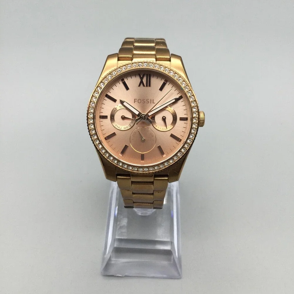 Fossil Womens Watch 38mm Rose Gold Tone Crystals Day Date New Battery 6.75